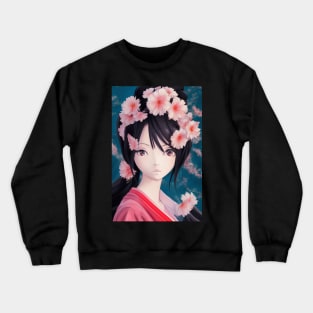 Anime geisha girl with pink flowers Crewneck Sweatshirt